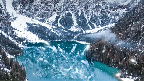Download Wallpaper 1920x1080 Mountains Lake Winter Snowfall Aerial