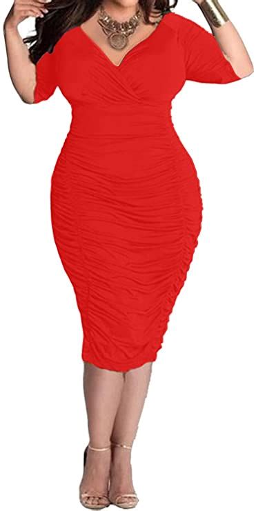 Womens Plus Size Deep V Neck Wrap Ruched Waisted Bodycon Dress Wf Shopping