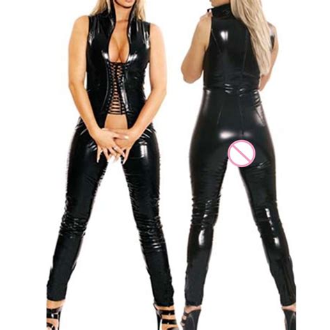 Wetlook Women Shiny Black Spandex Vinyl Leather Catsuit Open Crotch