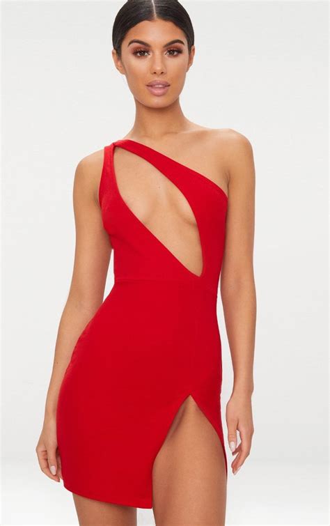 Red One Shoulder Extreme Split Detail Bodycon Dress In 2019 Dresses