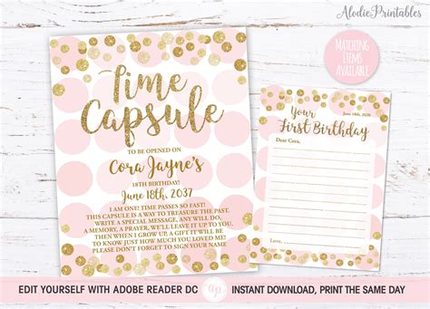 Time Capsule Kit Time Capsule Sign And Note Card First Birthday Girl