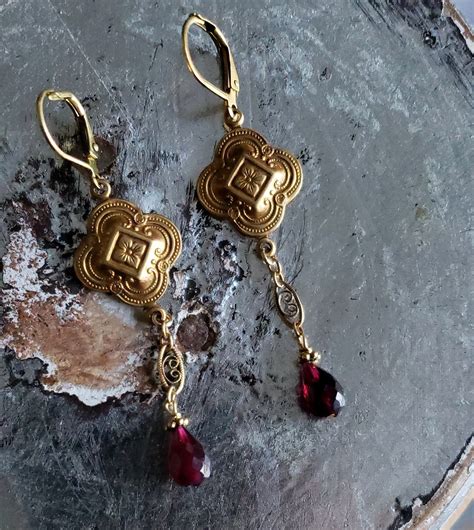 Ornate Gold Filled Garnet Drop Earrings Long Garnet Earrings Gold