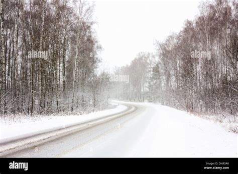 Snowy Land Road At Winter Adverse Weather Conditions Stock Photo Alamy