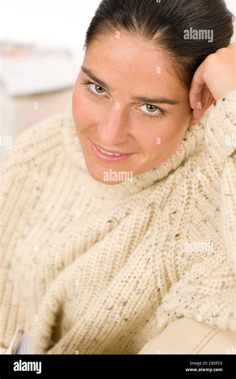 Winter Portrait Of Happy Woman Wear Pullover Smiling Posing Stock Photo Alamy