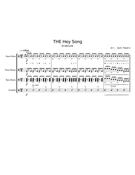 The Hey Song Sheet Music For Snare Drum Crash Tenor Drum Bass Drum
