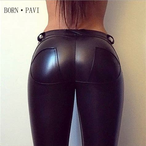 Bornpavi Leggings For Women Sexy Hip Push Up Pants Low Waist Leggings Pu Leather Jegging Gothic