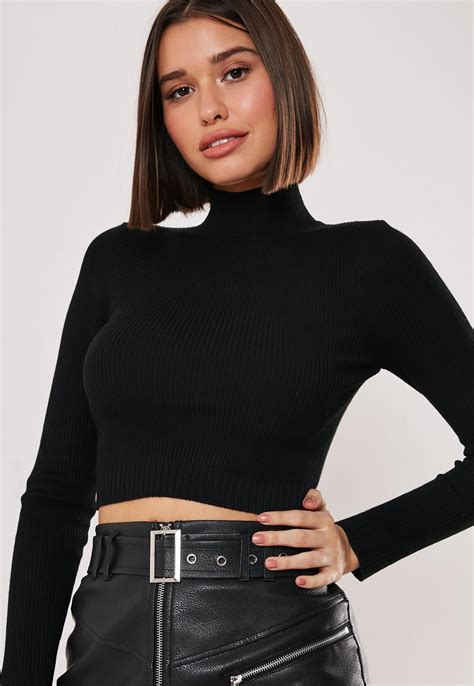 Black Knitted High Neck Ribbed Crop Top Missguided Black Knitwear