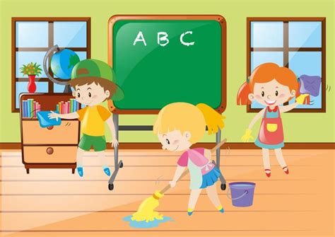Los niños ayudan a limpiar el aula 381521 Vector en Vecteezy