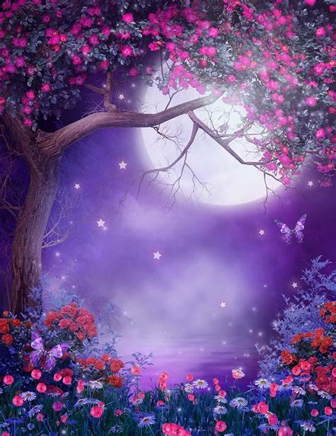 Moonlight Purple Scenery Flowering Tree And Colorful Shrubs Photograph