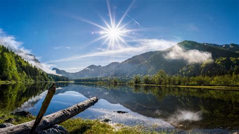 Lake Sun Rays Clear Lake Water Evaporation From The Green Forest The