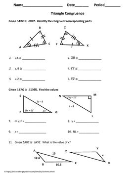 How do we use congruent triangles to prove line segments or angles congruent? Geometry Worksheet: Triangle Congruence by My Geometry ...
