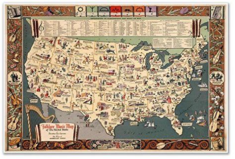 Folklore Music History Map Of The United States Circa 1945 Measures 24