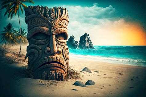 Ancient Stone Idols Tiki Mask On Beach On Exotic Island Stock Illustration Illustration Of