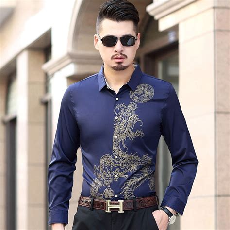 2018 Chinese Style Embroidery Chinese Dragon Men Casual Shirt Long