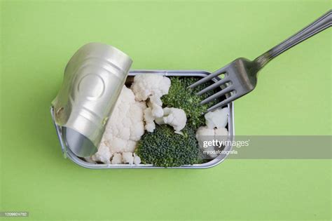Canned Broccoli Fork Pricking Canned Broccoli High Res Stock Photo