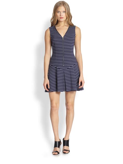 Theory Say I Dress Zip Front Striped Jersey Dress In Blue Navy White