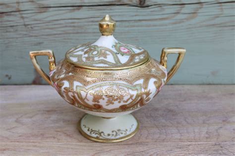 Vintage Hand Painted Nippon Large Sugar Bowl Covered Jar Gold Moriage