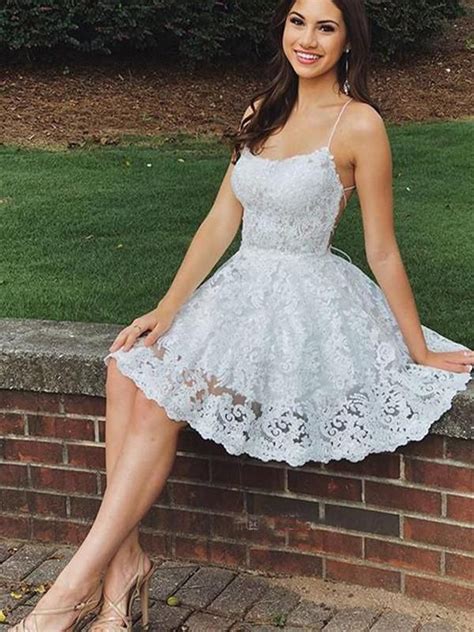 Spaghetti Strap White Lace Short Homecoming Dress Girls Prom Party Gown