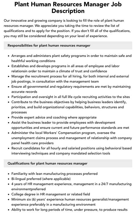 Plant Human Resources Manager Job Description Velvet Jobs