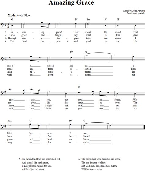 Free guitar and bass tablature templates on this page you will find blank tablature sheets that you can print and use to transcribe popular songs or to write your own music to play or practice. Amazing Grace: Chords, Lyrics, and Bass Clef Sheet Music