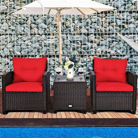 3 Piece Rattan Red Cushioned Patio Furniture Set Affordable Modern