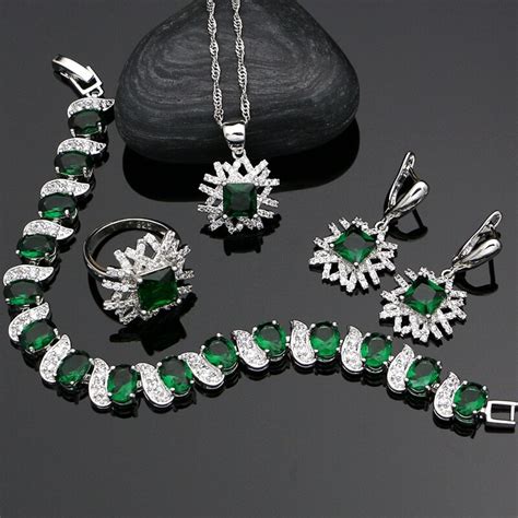 925 Sterling Silver Costume Jewelry Sets Green Zircon White Crystal