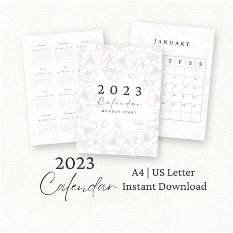 2023 Floral Calendar Printable 2023 Monthly Calendar Etsy