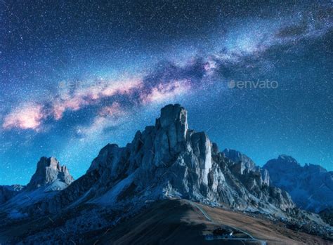 Starry Sky With Milky Way Above Mountains At Night In
