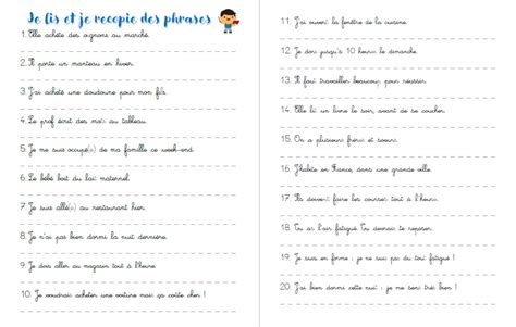 Français Lecture Et écriture De Phrases Simples Exercices à Imprimer
