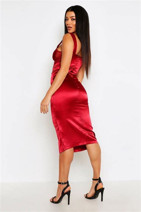 Womens Lace Top Satin Bodycon Midi Dress Red L Womens Lace Tops Red
