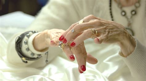 Aged Woman Hands With Luxury Rings Well Groomed Hands Of Senior Woman With Perfect Red Manicure