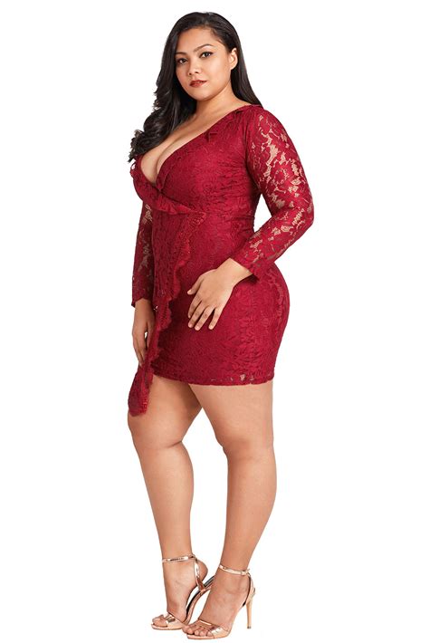 Sexy Burgundy Plus Size Lace Faux Wrap Ruffle Dress Sexy Affordable