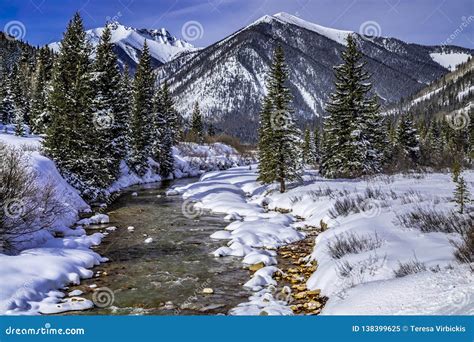 Mountain Stream With Fresh Snow On Sunny Day Stock Image Image Of