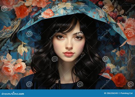 Portrait Of A Beautiful Young Woman In A Blue Dress And Umbrella Stock