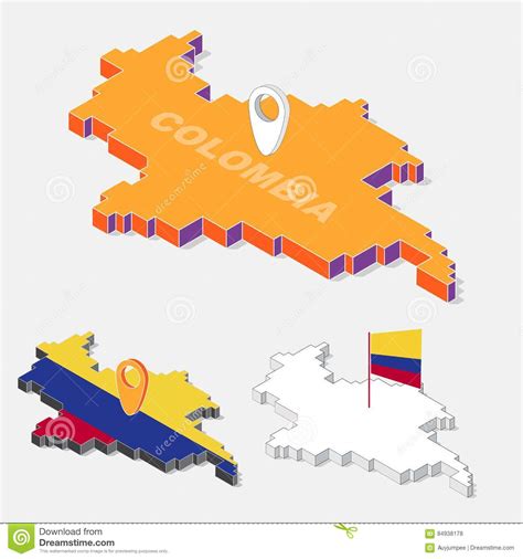 Colombia Flags On Map Element And 3d Isometric Shape Stock Vector