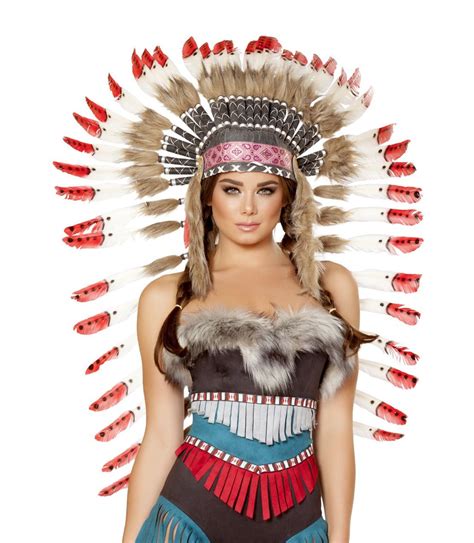 Sexy Roma Brown White Red Indiana Native American Chief Feathered Headdress Halloween Party