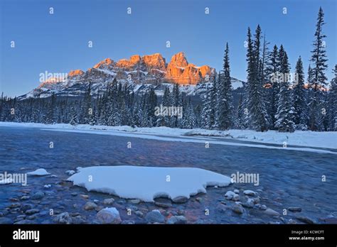 Castle Mountain And The Bow River At Sunset Castle Junction Banff