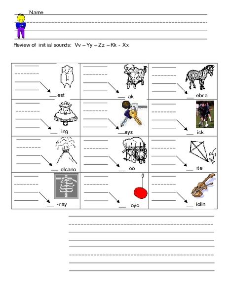 Review Of Initial Sounds Vv Yy Zz Kk Xx Worksheet For Pre K 1st Grade Lesson Planet