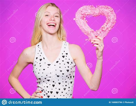 Woman Gorgeous Blonde Girl Hold Heart Valentines Decoration Happy