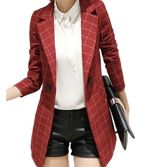 Red Plaid Blazer Perfect For Work Long Sleeve Casual Vintage Blazer