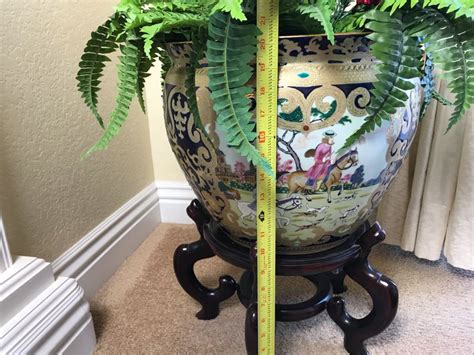 Large Chinese Flower Pot With Wooden Stand Matches Pair Of Lidded Jars