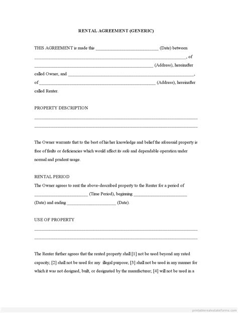 Rental Agreement Forms Free Printable Generic Template