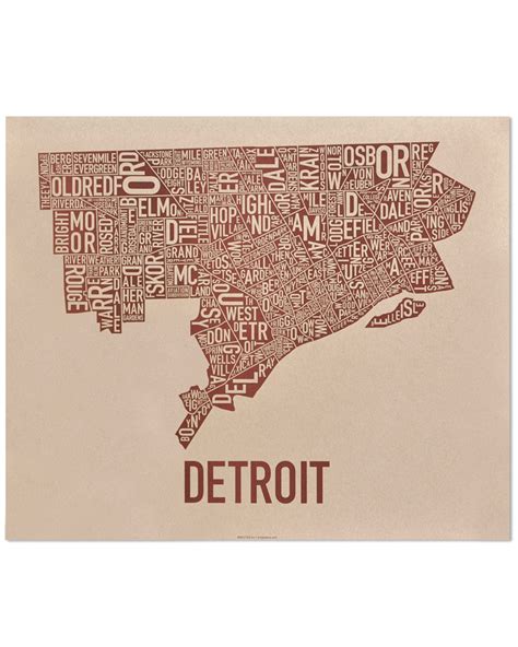 Detroit Neighborhood Map 24 X 20 Downtown Brown Poster