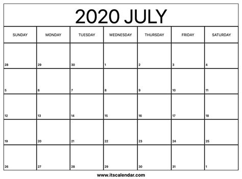 Free Printable July 2020 Calendar