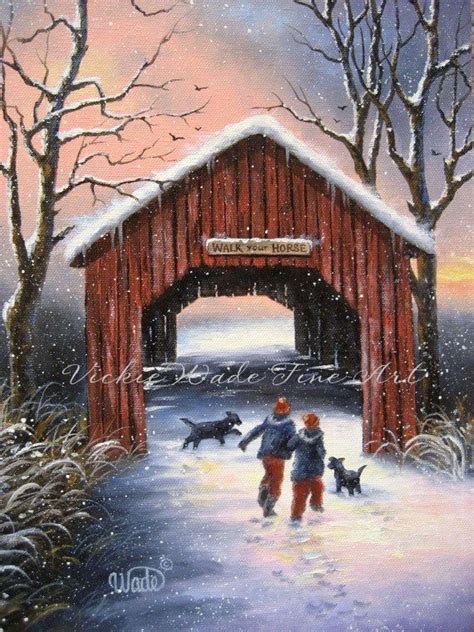 Snow Covered Bridge Art Print Snowscene Two Children Black