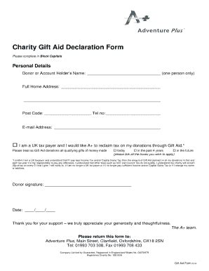 Fillable Online Charity Gift Aid Declaration Form Adventure Plus Fax