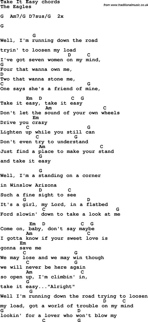 Song Lyrics With Guitar Chords For Take It Easy The Eagles