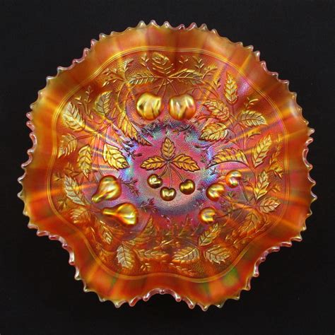 Antique Northwood Marigold Three Fruits Stippled Carnival Glass Bowl Carnival Glass