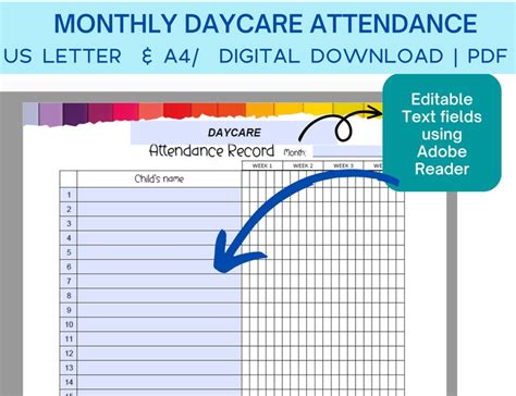 Daycare Monthly Attendance Sheet Attendance Tracker Editable For