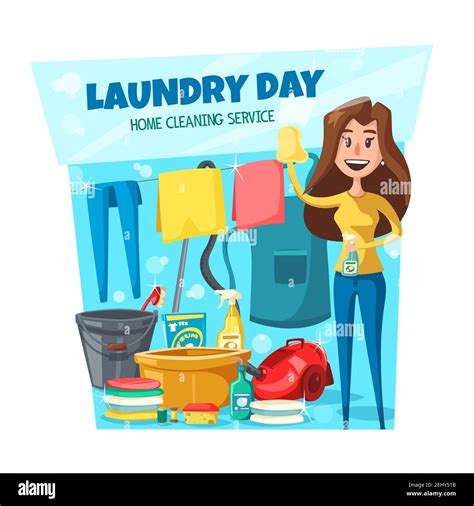 Laundry Day Housewife Or Maid Holding Cloth And Sprayer Vector